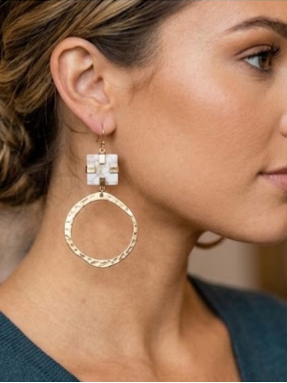 Plunder Hammered Gold Hoop with White Mosaic Square Drop Earrings